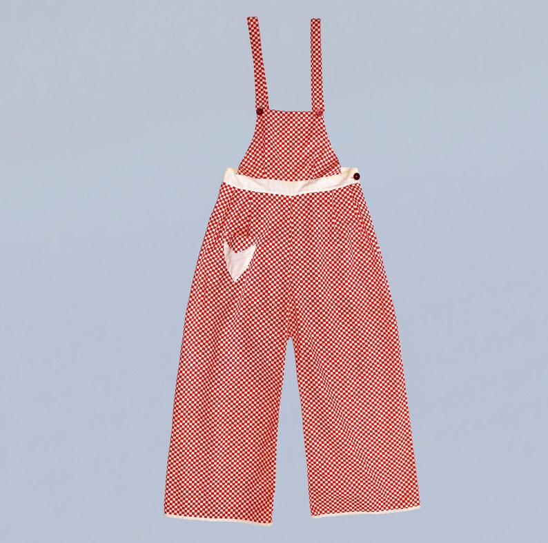 1930s Beach Pajamas / 30s Cotton Overalls / Bib Jumpsuit / Red and White Checkerboard image 1