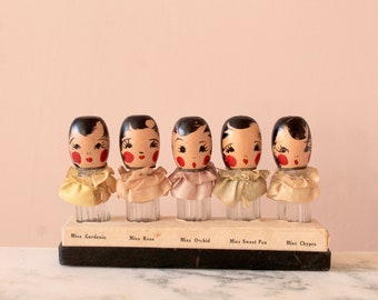 1920s Perfume Bottles / Painted Wooden Flapper Doll Display Set / 5 Bottles in All