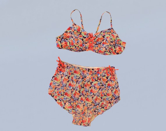 RARE 1940s Lace Up Floral Satin Swimsuit / 30s 40s