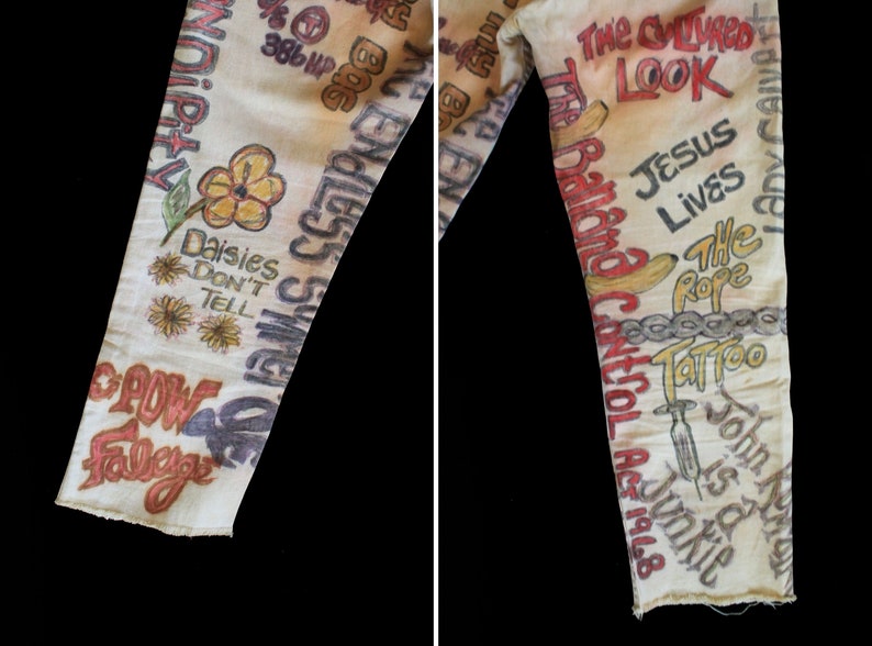RARE 1960s Pants / 60s 70s Folk Art Hippie Pants / OOAK Hand Drawn Wrangler Cream Sanforized Misses Jeans image 6