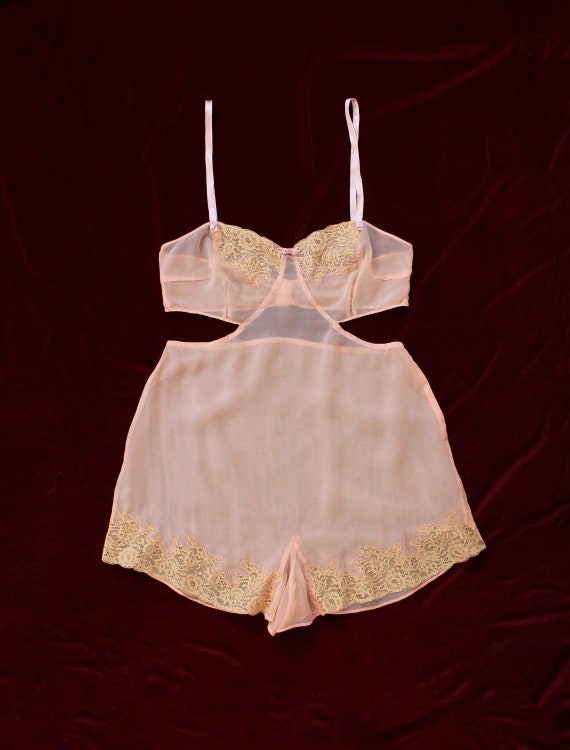 RARE! 1930s Cutout Lingerie Onesie / 30s Silk Cut