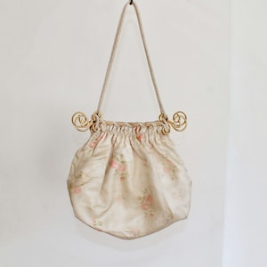Antique Wedding Purse / 1910s-20s Cream Satin Handbag with Surrealist Brass Handles