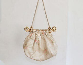 Antique Wedding Purse / 1910s-20s Cream Satin Handbag with Surrealist Brass Handles