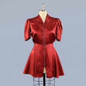 1930s Blouse / 30s Trapunto Liquid Satin Lounge Top / BLUE Zipper! / Puff Sleeves
