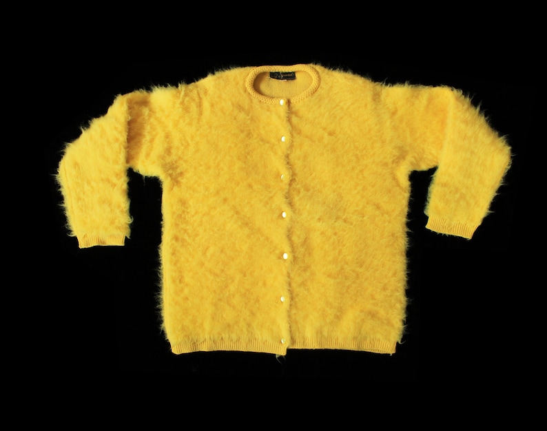 1950s Sweater / 50s FUZZY Bright YELLOW Knit Cardigan Sweater Button Down image 1