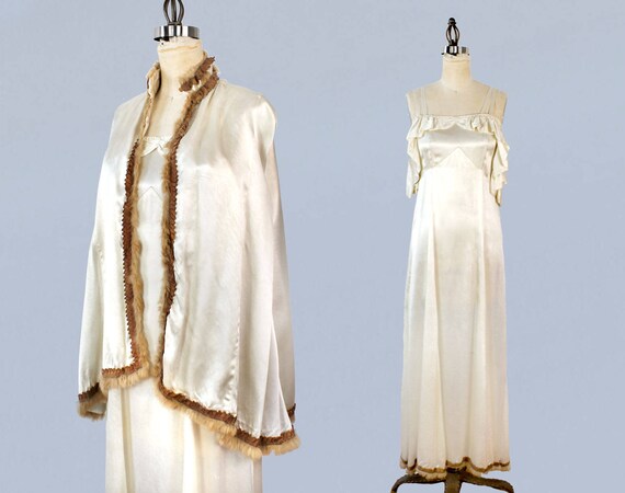 1930s Wedding Dress / 30s Fur Trim Gown and Cape … - image 1