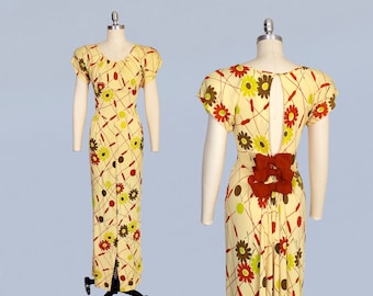 1940s Dress / 40s Acid Floral Print Jersey Gown / Open Back / Bows / Column Gown