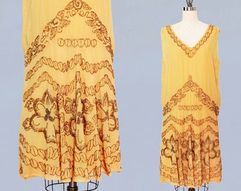 1920s Dress / 20s Flapper Dress BEADED Silk Chiffon / M L