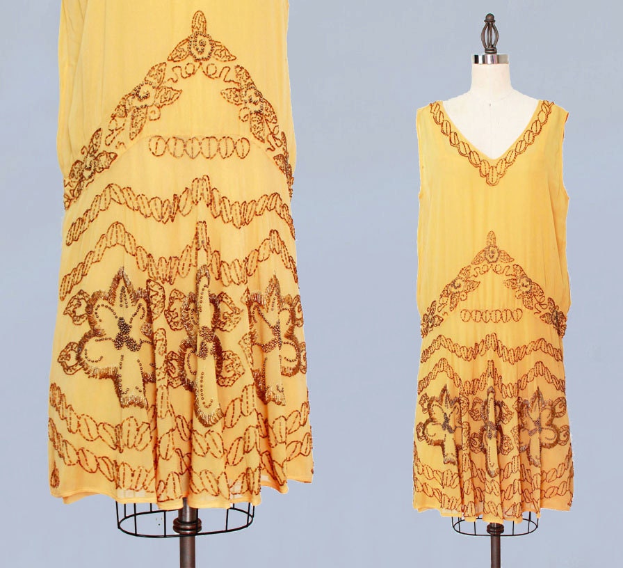 1920er Jahre Kleid / 20s Flapper Dress PERLENSTIL Seide Chiffon / M L