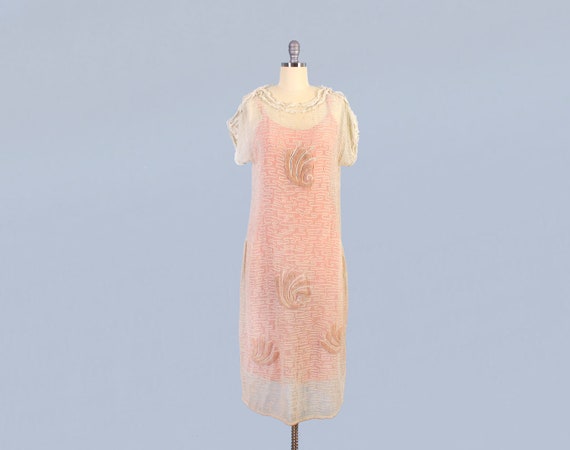 1920s Dress / 20s Cotton Dress with Chenille Accen
