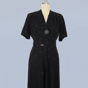 1940s Dress / 40s Black Rayon Crepe Rhinestone Evening Gown / Starry Night image 6