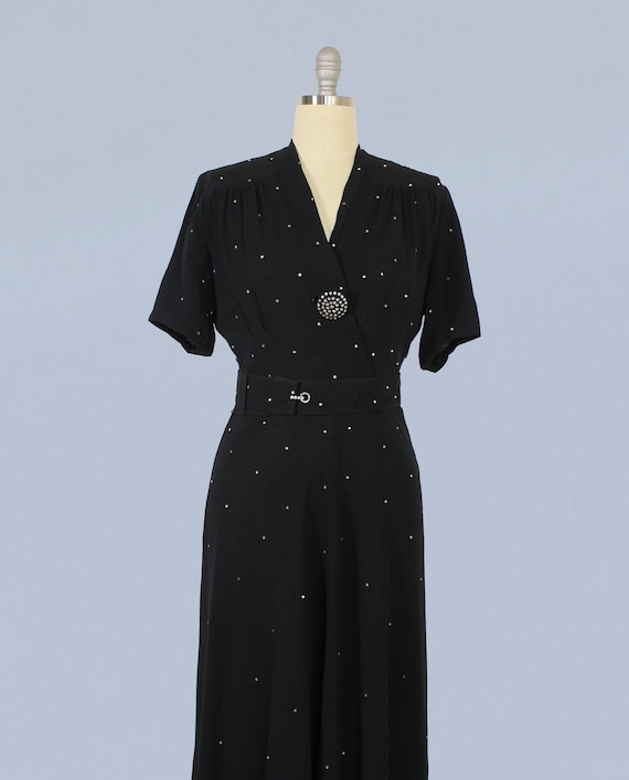 1940s Dress / 40s Black Rayon Crepe Rhinestone Ev… - image 6