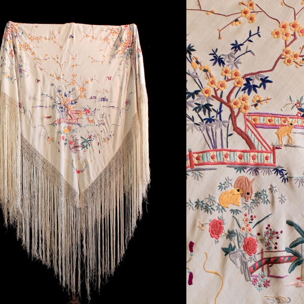 Mantón de piano de seda antiguo / Animales figurativos del bosque / Conejito bordado y chal chino de ciervo