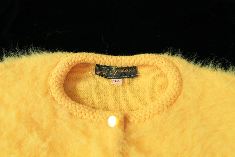 1950s Sweater / 50s FUZZY Bright YELLOW Knit Cardigan Sweater Button Down image 4