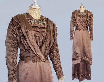 Antique Dress / 1900s 1910s Edwardian Sculptural Gown  / Coffin Ruched Sleeves / Greek Key Embroidery / Craftsman Dress