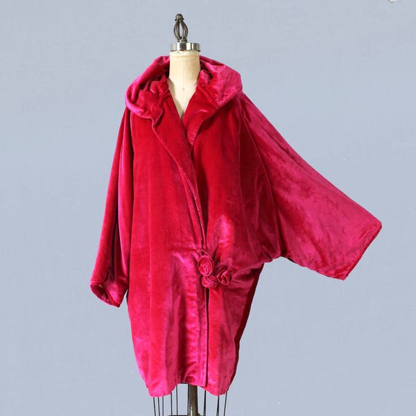 1920s Coat / 20s Rare HOT PINK Velvet Cocoon Coat / Vivid Bright Pink RARE