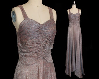 1930s Dress / 30s Periwinkle and Silver Metallic LAMÉ Evening Gown / Ruched Bust / Boned Bodice / Full Sweeping Skirt / Stunning!!