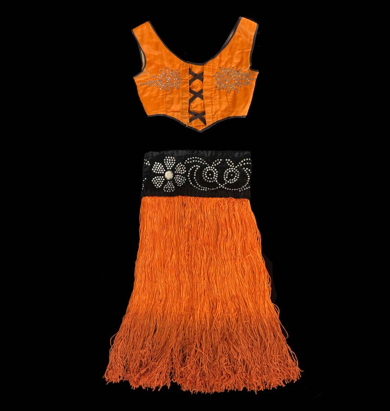 RARE 1920s Showgirl Costume / 20s 30s Burlesque Corset Top and Ombre Fringe Skirt / Rhinestone Designs image 10