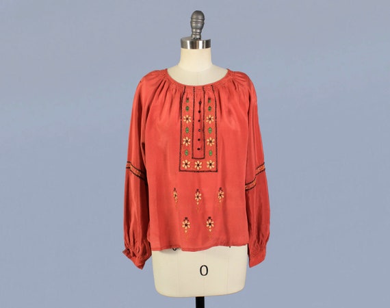 1920s Blouse / 20s Embroidered Silk Peasant Blouse