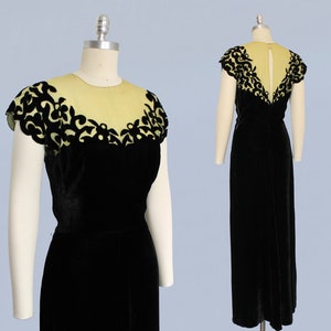 1940s Dress / 40s Black Velvet and Chartreuse Net Evening Gown