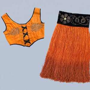 RARE! 1920s Showgirl Costume / 20s - 30s Burlesque Corset Top and Ombre Fringe Skirt / Rhinestone Designs!