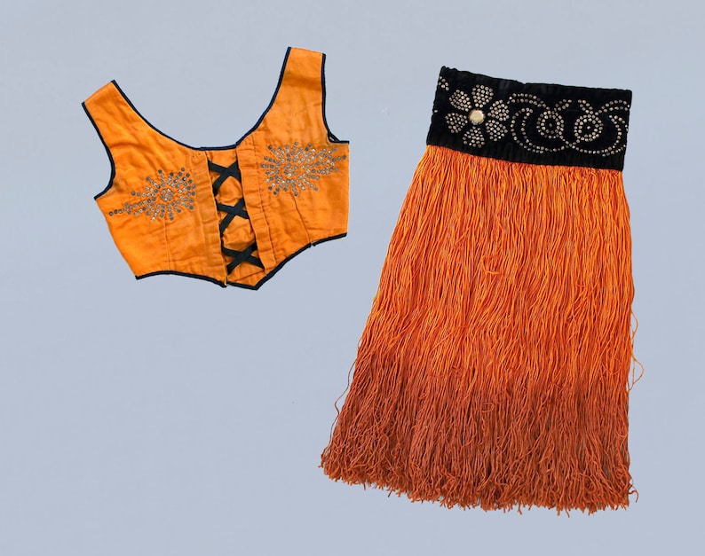 RARE 1920s Showgirl Costume / 20s 30s Burlesque Corset Top and Ombre Fringe Skirt / Rhinestone Designs image 1