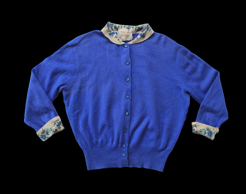 Midcentury Sweater / 50s Jantzen Cardigan / Blue Long Sleeve with Floral Collar and Cuffs / Knitwear image 1