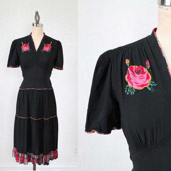 RESERVED 1930s Dress / HAND PAINTED Roses Dress / M