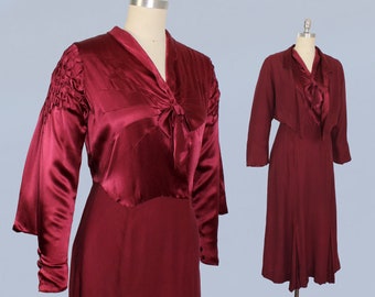 1930s Dress / 30s Crepe Backed Liquid Satin Dress and Jacket Set / Crazy Sleeves / Starburst Deco Seamwork