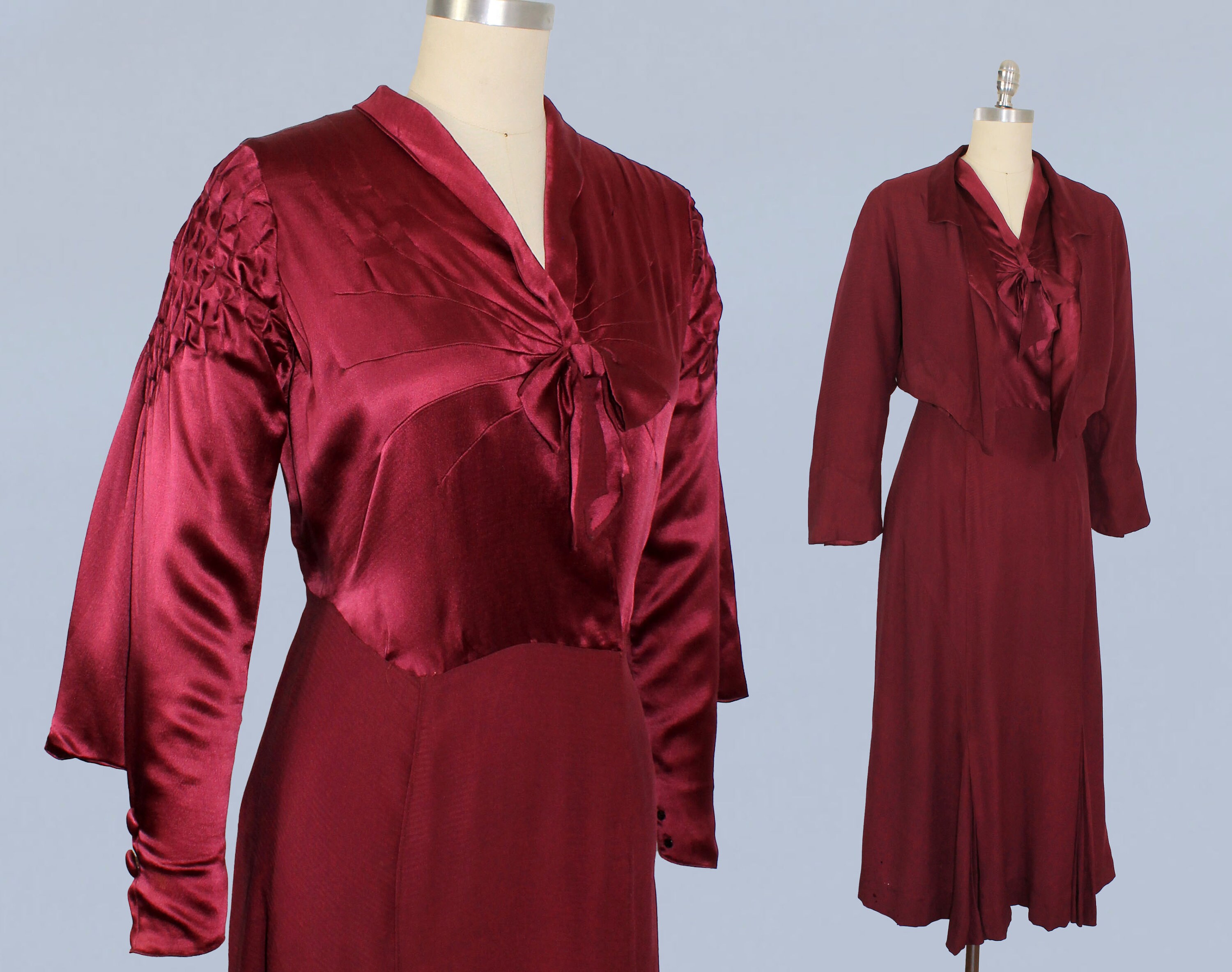 1930s Dress / 30s Crepe Backed Liquid Satin Dress and Jacket Set / Crazy Sleeves / Starburst Deco Seamwork