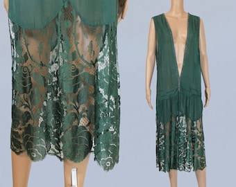 1920s Dress / 20s DEEP V Plunge Neck Beaded Chiffon / Green Rose Floral Lace / Unusual