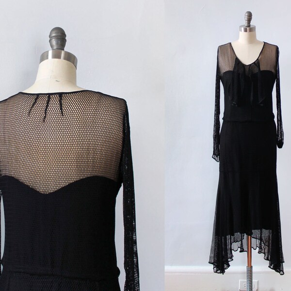 RESERVED Rare! 1920s Dress / 20s FISHNET Flapper Dress with Fishtail Hem / 1920s Goth!