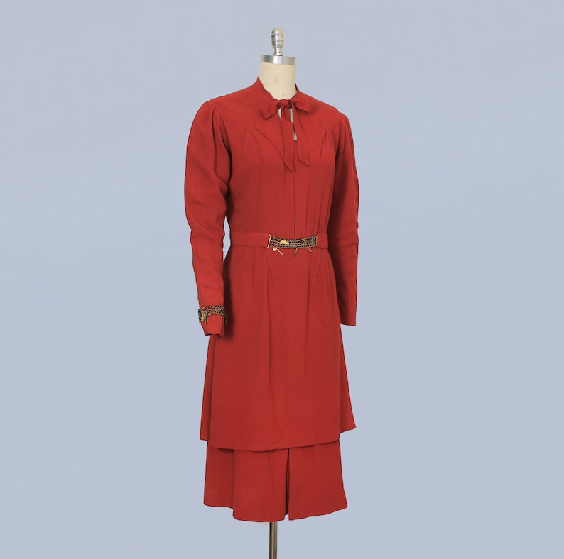 RARE 1930s Dress / 30s METAL CHARMS Art Deco Red Crepe Dress image 3