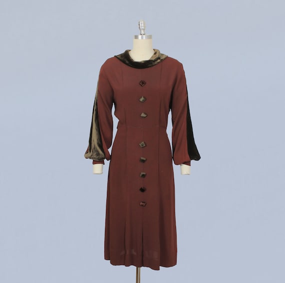 1930s Dress / 30s Chocolate Crepe and Velvet Dres… - image 4