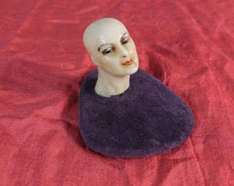 1900s 1910s Wax Lady Head / Hand Painted Antique Wax Female Head on Velvet Mount