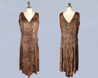 RARE!! 1920s Dress / 20s Metallic Lam Dress / Paisley Print Antique Gold Lam