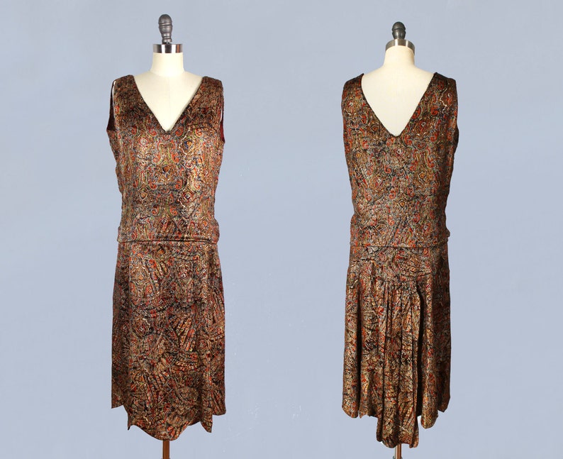 RARE 1920s Dress / 20s Metallic Lamé Dress / Paisley Print Antique Gold LAMÉ image 2