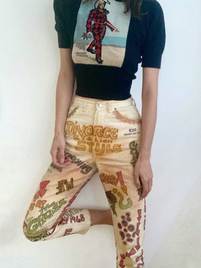 RARE 1960s Pants / 60s 70s Folk Art Hippie Pants / OOAK Hand Drawn Wrangler Cream Sanforized Misses Jeans image 9