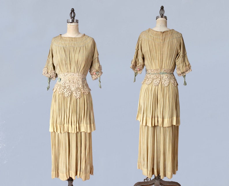 1910s Dress/ Edwardian Wedding Dress / RARE Ecru Pleated Gown / Very Wearable image 5