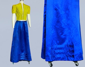 RARE Antique Skirt / 1910s Edwardian Vibrant JEWEL BLUE Silk Satin Maxi Skirt / Evening Formal
