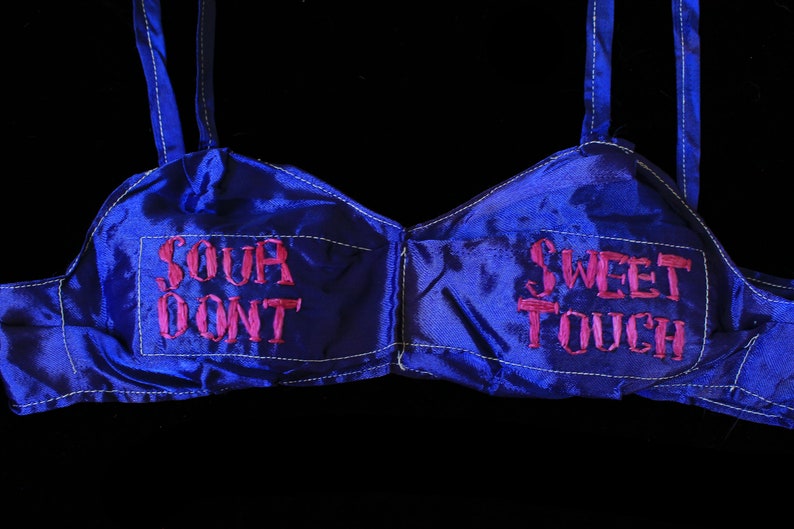 RARE 1940s WWII Lingerie Set / 40s Novelty Satin Bra Panties / Embroidered Risque Souvenir Lingerie / Sweet Sour Dont Touch image 4