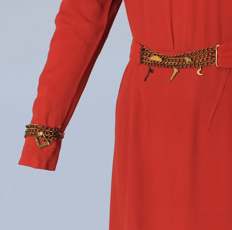 RARE 1930s Dress / 30s METAL CHARMS Art Deco Red Crepe Dress image 2