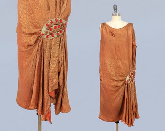 1920s Dress/ 20s Orange Metallic Lame Dress / Hip Medallion