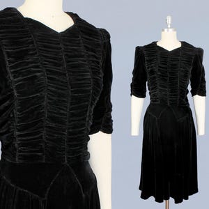 1930s Dress / 30s 40s Heavily Ruched Black Silk Velvet Dress / Tie Waist / Puffed Sleeves