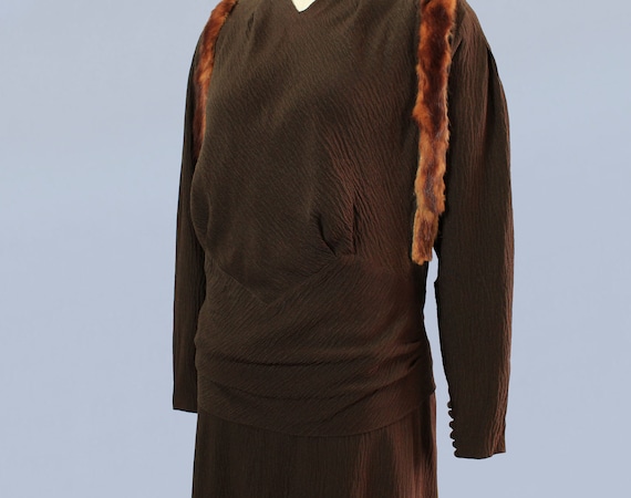 1930s Dress / 30s Chocolate Textured Crepe Fur Tr… - image 3