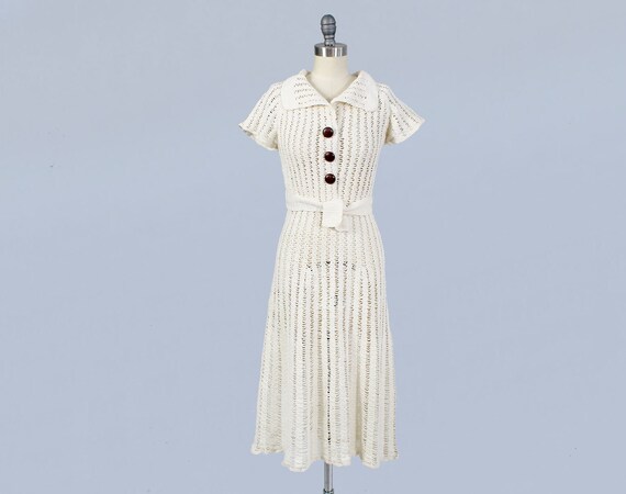 RESERVED —1930s Dress/ 30s White Knit Dress / Cott