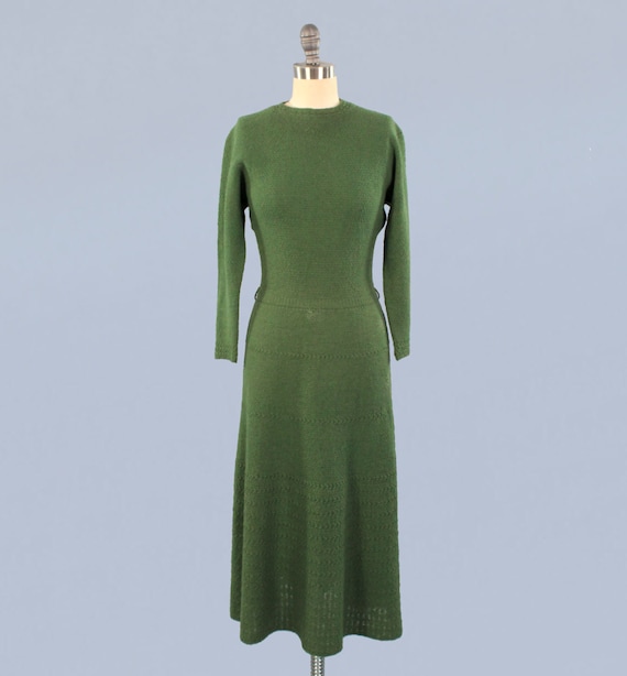 1940s Dress / 40s Forest Green Knit Dress