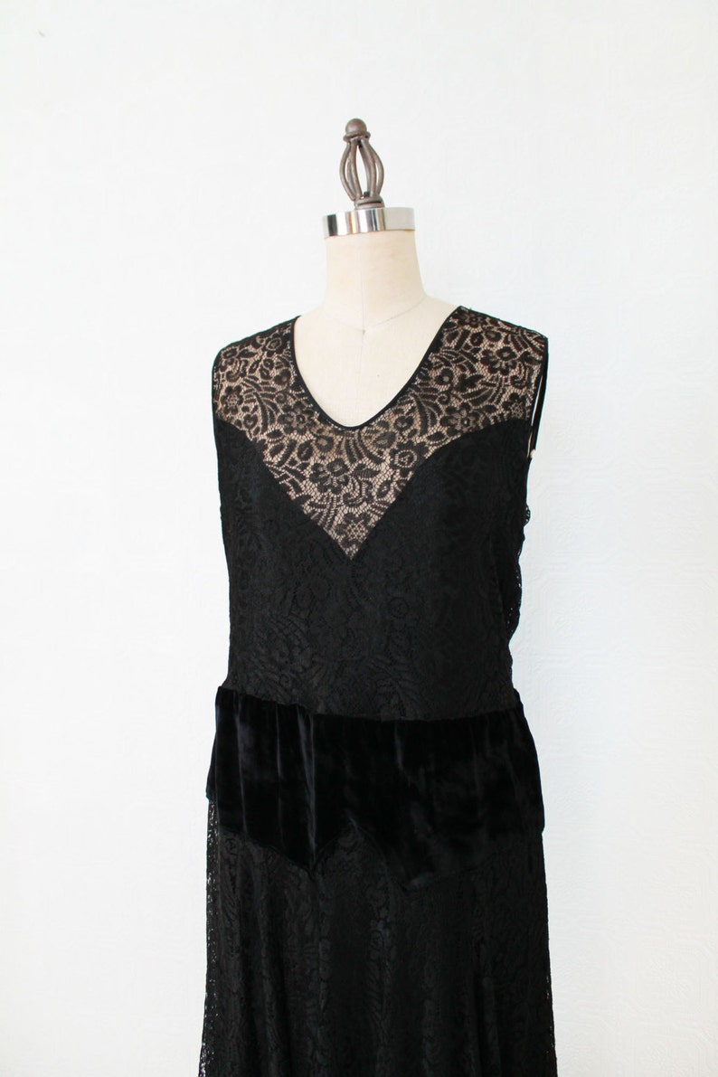 1920s Dress / Lace Illusion Dress / Velvet Dropped Waist image 5