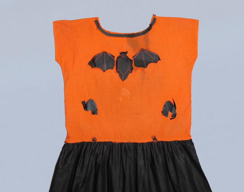 RARE Antique Halloween Dress / 1920s Costume Dress Orange and Black with BAT and Black CAT Cutouts image 4
