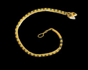 Rare! 1920s Choker / Beaded Yellow Snake Necklace / Prisoner of War Bead Crochet Serpent /  Trench Art POW